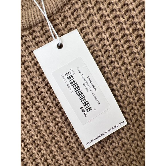 Annie Wear Fringe Tassel Round Neck Loose Fit Sweater Womens XL Camel Knit NEW - Picture 7 of 10